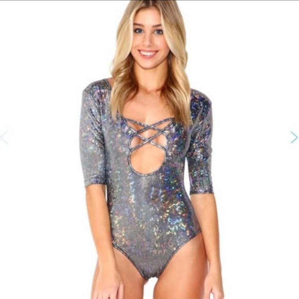 iHeartRaves Silver Holographic Bodysuit